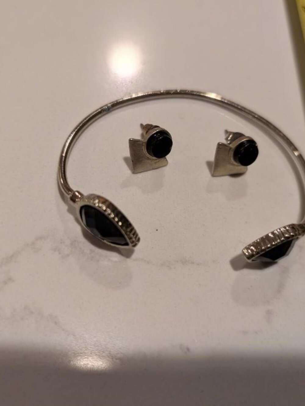 Vintage Silver Toned Cuff Bracelet with Black Acrylic Stones & Matching Earrings